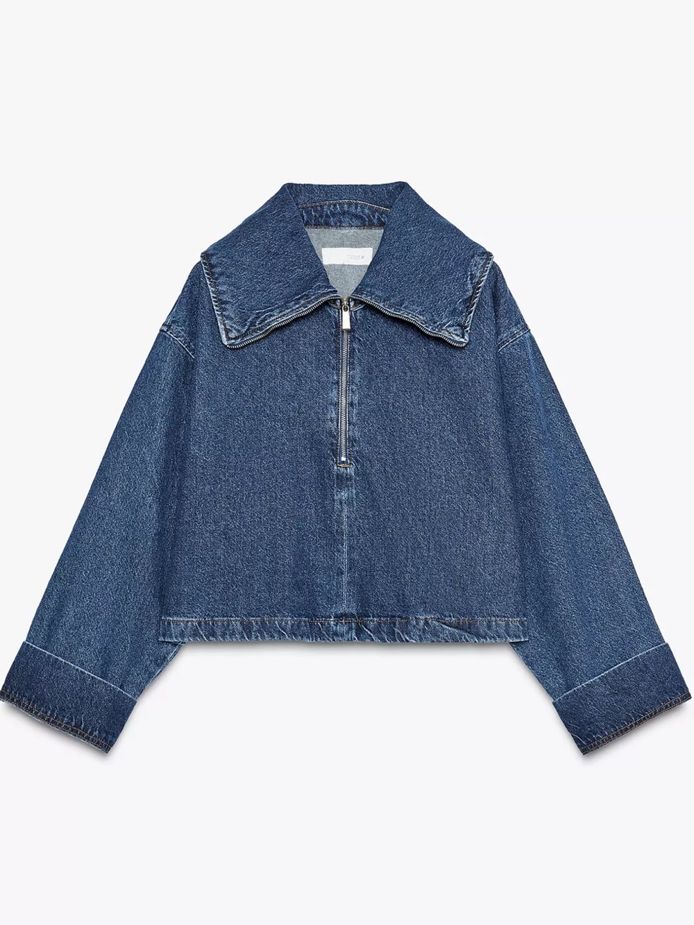 ZARA Dark Blue Cropped Zip-Up Denim Jacket - Picture 2 of 2
